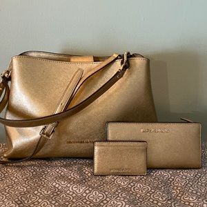 Michael Kors gold bag, wallet card holder
